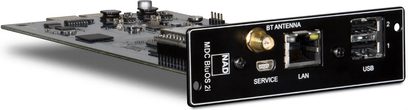 Чорна розширювальна плата NAD MDC DD-BLUOS2i з роз’ємами USB, LAN, сервісним портом, антеною BT та електронними компонентами