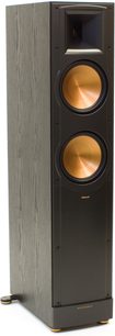Klipsch RF-82 MkII mørkebrun trætårn-højttaler, set forfra, med to runde, forgyldte højttalere og en diskant, på forgyldte stativer