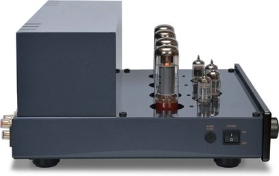 Amplificatore integrato a valvole PrimaLuna Evo 200 nero, vista frontale, 4 valvole visibili, manopole e prese sul pannello frontale