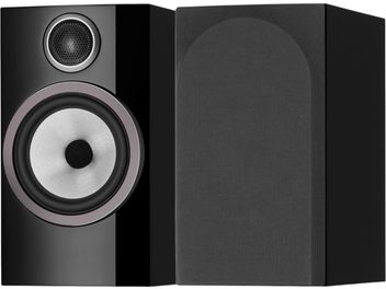 Diffusore da scaffale Bowers & Wilkins 706 S3 nero laccato, vista frontale, tweeter circolare, altoparlante medio-bassi, griglia rimovibile