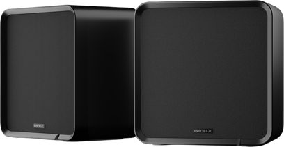 Set zwarte EverSolo SE100 boekenplankspeakers met afgeronde randen en groot frontgaas van stof