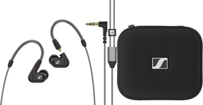 Sluchátka Sennheiser IE 300 černá s otevřeným designem, náhlavní soupravou, kabelem, silikonovými náušníky a zipovým pouzdrem na přenášení