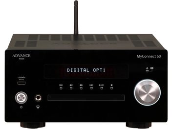 Zaawansowany, czarny system hi-fi all-in-one Paris MyConnect 60 z błyszczącą przednią ścianką, dotykowymi przyciskami i srebrną pokrętłą