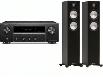 Чорна hi-fi система Denon з мережевим підсилювачем HEOS і двома чорними підлоговими колонками Monitor Audio