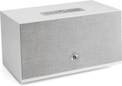 Coluna inteligente Audio Pro C10 MKII W branca, frente cinzenta texturada com logótipo ao centro e comandos na parte superior