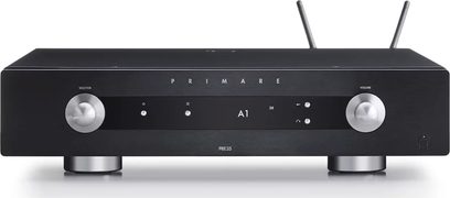Primare PR35 Prisma svart stereoförstärkare, frontvy, svart front med silverfärgade knappar och rattar, LED-display