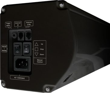 Scatola di controllo nera con pulsanti e spie luminose per regolare uno schermo di proiezione motorizzato, vista frontale da vicino