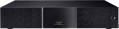 Separat Naim Audio 555 PS DR strømforsyning, sort rektangulært kabinet, front med grønt logo, set forfra
