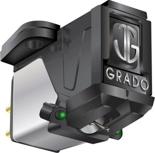 Fekete Grado Green3 hi-fi lemezjátszó cella ezüst logóval, perspektivikus nézet a ház részleteivel