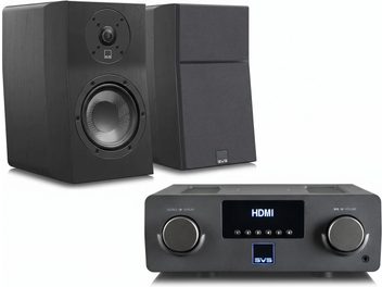 Système audio SVS noir avec deux enceintes bibliothèque et amplificateur HDMI à écran central