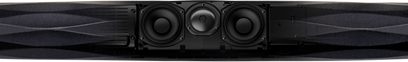 Bowers & Wilkins Formation Bar soundbar i sort, set forfra, tre runde højttalere i midten, gitre på siderne