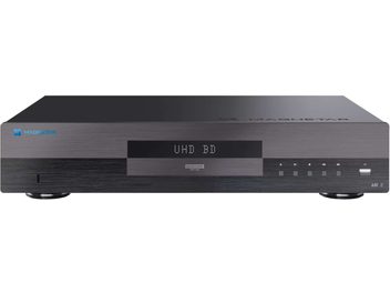 4K Blu-ray плейър Magnetar UDP800 MKII черен, изглед отпред, преден панел от матиран алуминий и централен дисплей