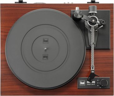 Giradischi Dual CS 718Q WN finitura noce, vista dall'alto con piatto nero e braccio di lettura a destra