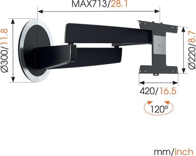 Sort vægbeslag til TV, justerbar arm, 120° rotation, dimensioner i mm, profilvisning, teknisk tegning med mål