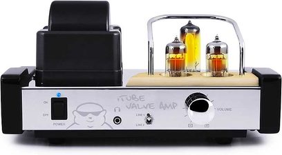 Fatman iTube ValveDock sort hi-fi stereforstærker, set forfra, med 2 orange rør og kontroller øverst