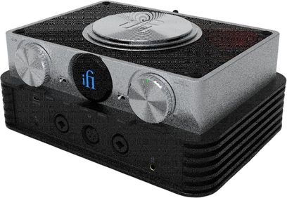 iFi Audio iDSD Phantom sølv-og-sort hi-fi hovedtelefonforforstærker med store riflede knapper og flere hovedtelefonudgange på fronten
