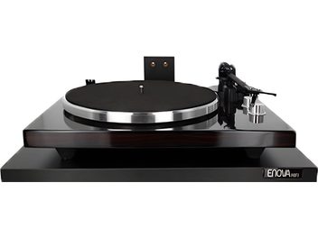 Enova HIFI Pikap Duvar Montajı siyah, parlak siyah duvar askısı üzerinde, okuma kolu ve denge ağırlığı ile birlikte