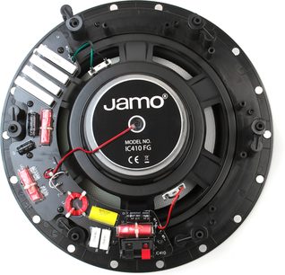 Jamo IC410 FG indbygget højttaler, frontvisning, sort gitter, sølvfarvet midterhøjttaler, røde elektroniske komponenter