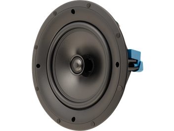 Cassa acustica da incasso a soffitto H80-R v2, vista frontale, forma circolare, membrana centrale nera, fissaggio blu visibile sul lato