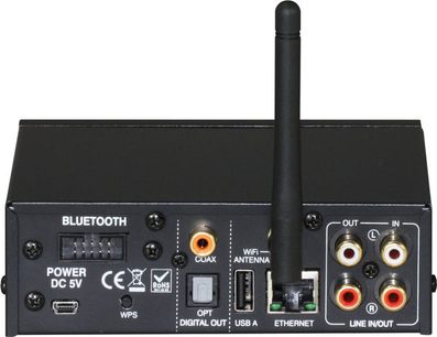 Netværksaudioafspiller Advance Paris WTX-StreamPro sort, set forfra, bagpå med wi-fi-antenne og Ethernet-port