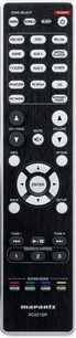 Télécommande Marantz SR5008 noire avec boutons et molettes pour contrôler un ampli home-cinéma, vue de face
