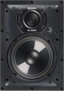 Forside af Q Acoustics Qi65RP indbygget sort væghøjtaler, rektangulær metalramme med ti fastgørelsespunkter, højttoner beskyttet af metalgitter, tilstødende niveauvælger og woofer med tofarvet sort-grå kompositmembran