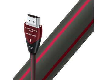 Cavo HDMI Audioquest Cherry Cola 48 Optical, connettore USB argentato, guaina rossa e nera, visione ravvicinata dell'estremità