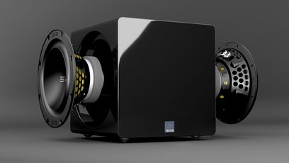 Subwoofer SVS 3000 Micro negru, compact, cubic, difuzoare laterale, port bass-reflex frontal, finisaj lucios negru
