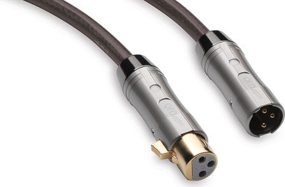 QED Reference XLR Evolution 1M analogt XLR-lydkabel, to forsølvede XLR-stik, grå flettet kappe, set oppefra