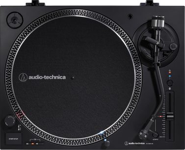 Audio-Technica AT-LP120XBTUSB sort pladespiller, set oppefra, rund pladespiller, tonarm, drejeknap og kontrolknapper