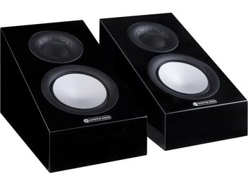 Två Dolby Atmos Monitor Audio Silver AMS 7G högtalare i svart lackerad finish, toppvy i perspektiv, ovansidor