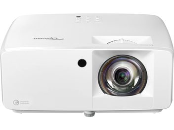 Optoma UHZ35ST white projector, front view, centered lens with rounded lens, front sensor