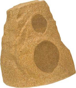 Klipsch AWR-650-SM sandstone udendørs højttaler i stenform, beige kornstruktur overflade med to mørkebrune runde gitre