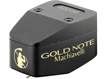 Gold Note Machiavelli MkII Gold Plattenspieler-Tonabnehmer, schwarzes trapezförmiges Gehäuse, goldene Beschriftungen, Ansicht von oben