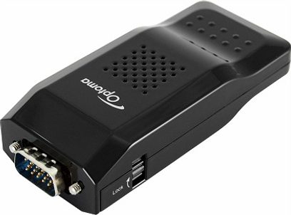 Optoma WPS3 Wi-Fi-dongle, rektangulær sort boks med VGA- og USB-porte, lagt fladt ned