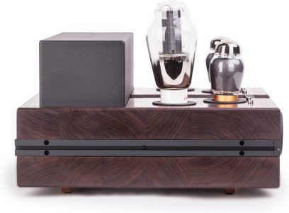 Sluchátkový předzesilovač Feliks Audio Envy Standard ořech, pohled zepředu s výraznými viditelnými elektronkami a tmavou čelní stranou z ořechového dřeva