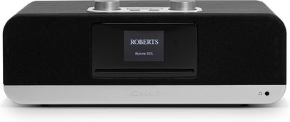 Sort digital bordradio Roberts Blutune 300, set forfra, rektangulært kabinet, centralt display og sølvfarvet aluminiumsfod