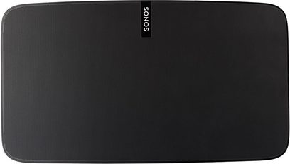 Trådløs, tilsluttet Sonos PLAY:5 serie 2 højttaler i sort, set forfra, med afrundet rektangulær form, sort gitterbeklædning over hele overfladen