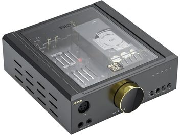 Preamplificator pentru căști hi-fi FiiO K9 Pro ESS, carcasă din aluminiu negru cu finisaj transparent, partea superioară din sticlă care lasă la vedere circuitele interne, buton mare de volum metalic auriu pe față, fante laterale de aerisire și conectori frontali vizibili, vedere în perspectivă din față-dreapta