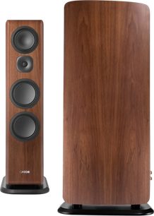 Canton Vento 101 floorstanding speaker in walnut, front and rear view, dark wood finish with four black drivers