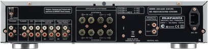 Amplificador hi-fi estéreo Marantz PM6004 silver gold, panel trasero, conectividad de audio analógica y digital, controles, plateado