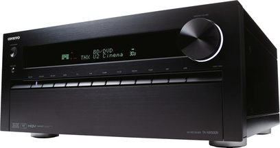 Onkyo TX-NR5009 sort hjemmebiografsforstærker, set forfra, sort front med LCD-skærm, sølvfarvede knapper og kontrolhjul
