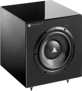 Triangle Meteor 0.5 WiFi sort subwoofer, frontvisning, central rund højttaler, koniske fødder