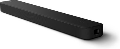 Barra de sonido Sony HTS2000 negra, vista en perspectiva, forma rectangular, rejilla frontal, superficie superior lisa, extremo derecho visible
