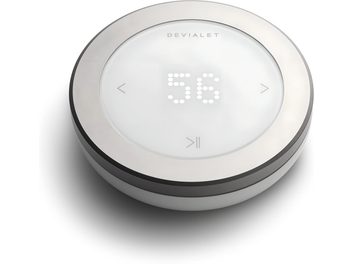 Telecomando rotondo DEVIALET REMOTE bianco, vista dall'alto, display LED "36", finitura in alluminio spazzolato e plastica bianca