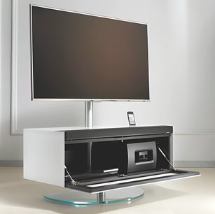 Hvidt lakeret TV-møbel med fladskærm, integreret DVD-afspiller og blå LED-belysning på drejefod i glas