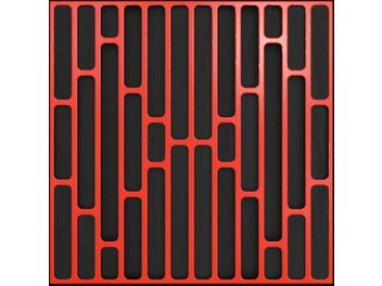 Difusor acústico Artnovion Logan W rojo compuesto por láminas verticales rectangulares negras y rojas alternas, vista frontal