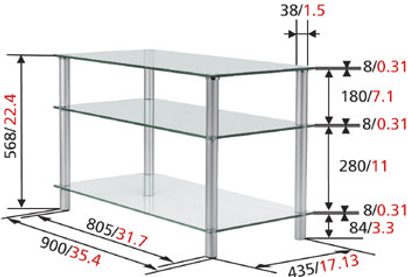 Vogel's BFP290 audio-videomøbel i glas og metal med 3 hylder, detaljerede dimensioner i millimeter vist på diagrammet
