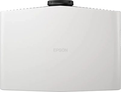 White Epson EH-LS7500 projector, front view with black lens positioned on top