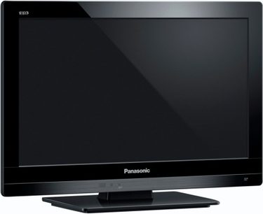 Panasonic TX-L19E3E fladskærms-tv, sort skærm slukket, let skråt forfra-perspektiv, placeret på en holder